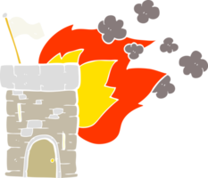 flat color illustration of a cartoon burning castle tower png