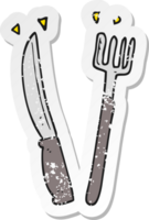 retro distressed sticker of a cartoon knife and fork png