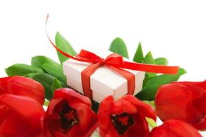 Red tulips and white gift box photo