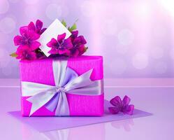 Pink gift box with greeting card photo