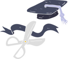 flat color illustration of a cartoon scissors cutting ribbon at graduation png