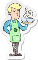 retro distressed sticker of a cartoon barista serving coffee png