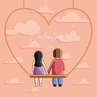 parejas en amor sentado en un en forma de corazon columpio mirando a el nubes, vector ilustración y texto San Valentín día