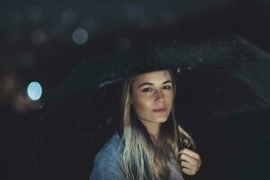 Beautiful woman at rainy night photo