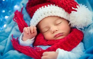 Newborn baby sleeping on Christmas eve photo