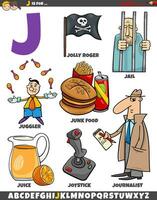 Letter J set with cartoon objects and characters vector