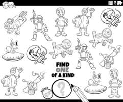 one of a kind game with cartoon spacemen and aliens coloring page vector