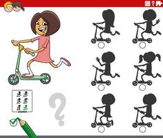 shadow activity game with cartoon girl on a push scooter vector
