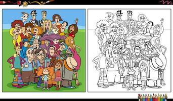 crowd of funny comic people characters group coloring page vector