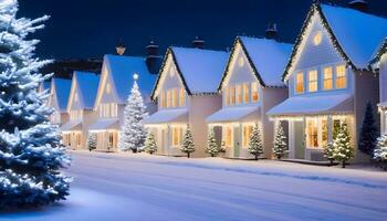 ai generado un Nevado noche con un fila de casas en el primer plano foto