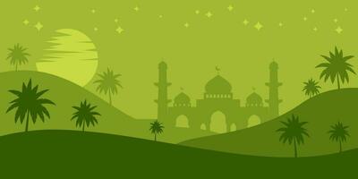 Islamic green background with silhouettes of mountains, mosques, coconut trees, moon and stars. vector template for banner, greeting card, social media, poster for Islamic holidays