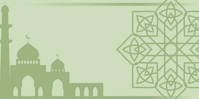 Islamic green background, with mandala ornament and mosque silhouette. vector template for banner, greeting card for Islamic holidays.