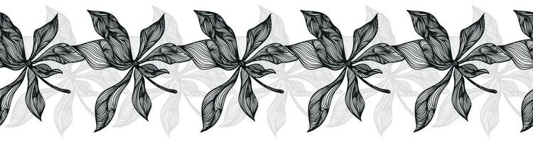 A decorative border of branches is highlighted on a white background. A pattern of leaves. Vector illustration. For nature, eco and design. Hand-drawn plants, a frame for a postcard.