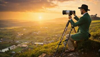 ai generado viaje blogger en Paja sombrero joven hermoso chico grabación viaje vlog en cámara atractivo a unirse él por ai generador foto