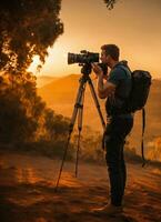 AI generated Travel blogger in straw hat young handsome guy recording trip vlog on camera inviting to join him by Ai generator photo