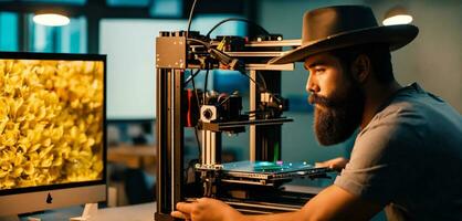 AI generated Travel blogger in straw hat young handsome guy recording trip vlog on camera inviting to join him by Ai generator photo