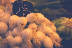 Fruits and vegetables stall in La Boqueria, the most famous market in Barcelona. photo