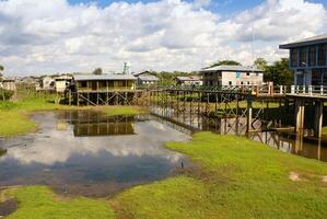 Houses on stilts rise above the polluted water in Islandia Peru photo