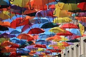 Street decorated with colored umbrellas, Madrid, Getafe Spain photo