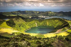 Sete Cidades Lagoa Ponta Delgada AZORES Sete Cidades is a civil parish in the centre of the municipality of Ponta Delgada, that is located in a massive volcanic crater three miles across. photo