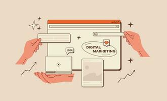 Digital Marketing concept in retro style. Old computer interface with browser window, search bar, social media app. Ad campaign. Teamwork. Hands working together on project. SMM, SEO analysis. Vector. vector