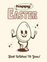 Funky retro Easter Egg walking and smiling. Happy Easter greeting card or poster in vintage groovy style. Quirky outline mascot character with halftone shadow for spring holiday. Vector illustration.