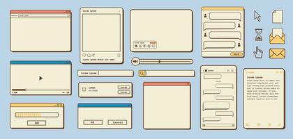 Vector set of retro vaporwave desktop browser, dialog window, social media app templates. 80s 90s old computer UI elements and vintage aesthetic icons. Nostalgic retro operating system illustrations.