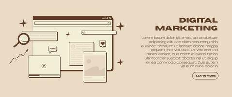 Digital Marketing web banner in retro style. Old computer interface with browser window, search bar, social media app window and notifications. SMM, SEO analysis, creative writing, copywriting. Vector