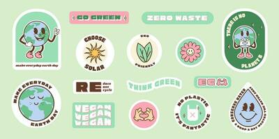 Save the planet stickers in trendy retro cartoon style. Sticker pack for Earth or World Environment Day. Funny vector illustration of planet Earth, globe with smiling face. Eco green labels or badges.