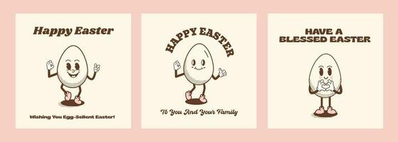 Set of Happy Easter Holidays square greeting cards or posters in vintage nostalgic style. Funky retro Easter Egg cartoon character. Quirky outline mascot with halftone shadow. Vector illustration.