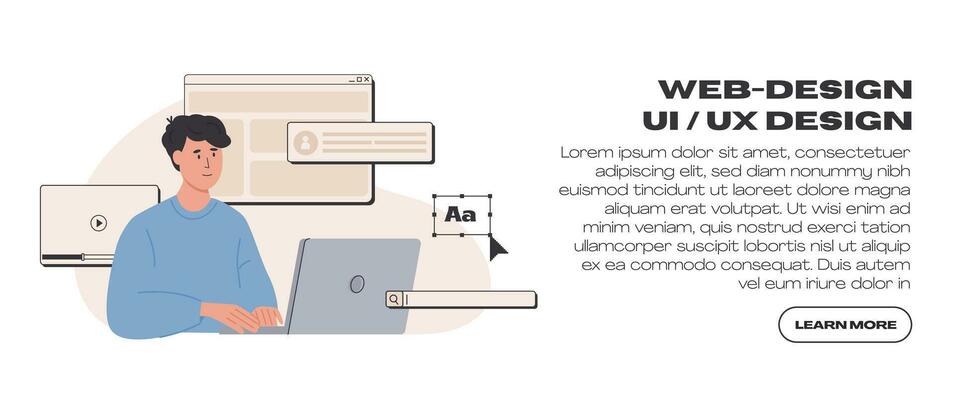 Web UI UX design web banner template. Freelancer at work creating content. Website development. Online business, marketing, communication. Content manager working on laptop. Vector flat illustration.