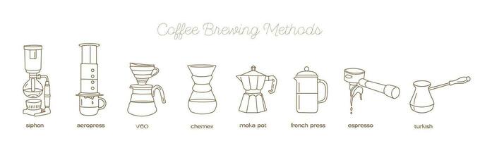 Manual alternative coffee brewing methods and tools hand drawn doodle style icons. Pour over, drip, syphon, moka, v60, aeropress coffee. Vector set minimalist doodle isolated illustration for menu.