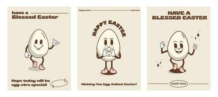 Set of Happy Easter Holidays greeting cards or prints in vintage nostalgic style. Funky retro Easter Egg cartoon character. Quirky outline mascot with halftone shadow. Vector illustration.