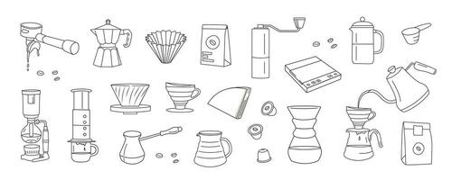 Manual alternative coffee brewing methods and tools hand drawn doodle style icons. Set of coffee utensils outline thin line graphics. Vector flat style isolated elements for cafe, menu, coffee shop.