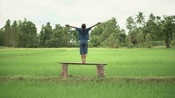 Aziatisch meisje meditatie of staan yoga Bij buitenshuis, platteland van Thailand. video