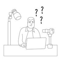 Black and white illustration of a content creation worker who is confused while working vector