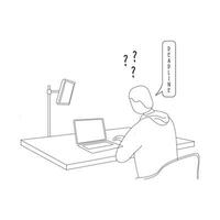 Black and white illustration of a content creation worker who is confused while working vector