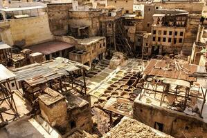 tenerías de Fez, Marruecos, África antiguo tanques de el de fez tenerías con color pintar para cuero, Marruecos, África foto