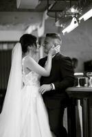 bride and groom inside a cocktail bar photo