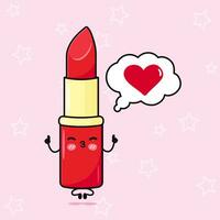 rojo lápiz labial haciendo yoga con habla burbuja. vector mano dibujado dibujos animados kawaii personaje ilustración icono. aislado en rosado antecedentes. rojo lápiz labial en amor personaje concepto