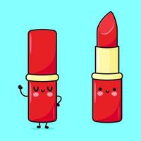 linda gracioso rojo lápiz labial. vector mano dibujado dibujos animados kawaii personaje ilustración icono. aislado en azul antecedentes. rojo lápiz labial personaje concepto