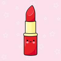 linda gracioso rojo lápiz labial. vector mano dibujado dibujos animados kawaii personaje ilustración icono. aislado en rosado antecedentes. rojo lápiz labial personaje concepto