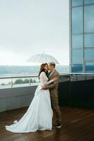 bride and groom first meeting on the roof of skyscraper photo