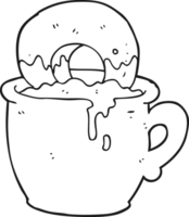 black and white cartoon donut dunked in coffee png