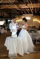 newlyweds happily cut and taste the wedding cake photo