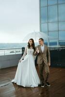 bride and groom first meeting on the roof of skyscraper photo