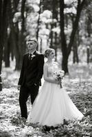 the groom and the bride are walking in the forest photo