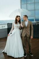 bride and groom first meeting on the roof of skyscraper photo