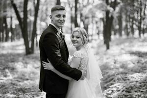 the groom and the bride are walking in the forest photo