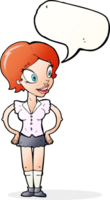 cartoon happy woman in short skirt with speech bubble png